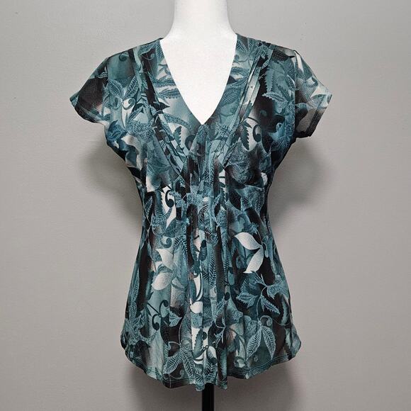 Vtg Worthington Top Womens M Brown Blue Y2K Forest Fairy Sheer Mesh Blouse - Picture 1 of 10